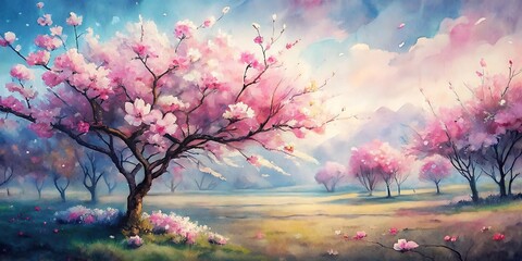Beautiful Cherry Blossom painted with watercolor, Cherry Blossom Watercolor, Spring Watercolor flowers, Spring Background