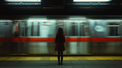 woman standing at a train underground station train passing the station