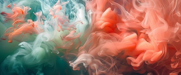 Radiant coral smoke swirling in a symphony of colors against a backdrop of lush forest green.