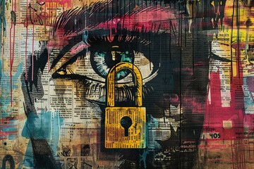 Vibrant graffiti art featuring a complex padlock meticulously crafted from collaged newspaper scraps and magazine cuttings, representing online security and data privacy.