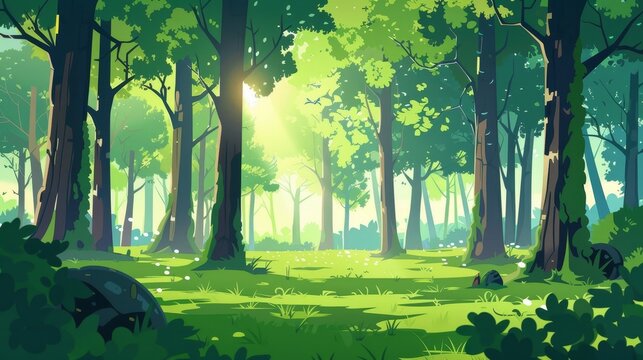 Cartoon forest background, nature landscape with deciduous trees, moss on rocks, grass, bushes, and spots of sunlight on the ground. Wood parallax natural scene in the summer or spring.