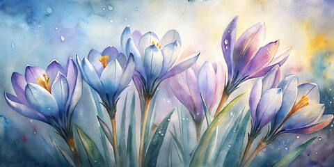 Beautiful Crocuses painted with watercolor, Crocuses Watercolor, Spring Watercolor flowers, Spring Background