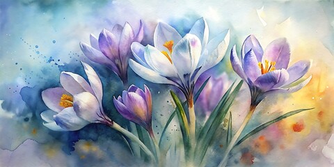 Obraz na płótnie Canvas Beautiful Crocuses painted with watercolor, Crocuses Watercolor, Spring Watercolor flowers, Spring Background