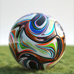 Glossy Colorful Soccer Ball Isolated on Outdoor Grass Background. Clipart for sports projects.