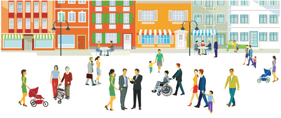 Stadtsilhouette mit Menschengruppen in der Freizeit im Wohnviertel, Illustration - 779844577