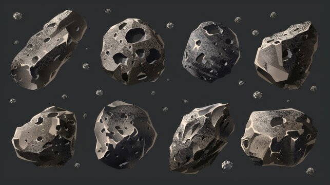 A realistic modern illustration of an asteroid belt with rocks and meteors flying in weightlessness, with various forms.