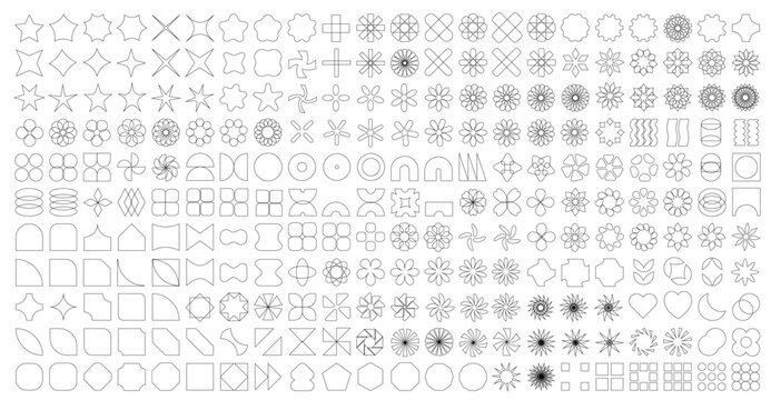 large set of geometric and abstract shapes flat black only outlines lineart