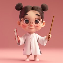 A cute cartoon baby teacher is holding a book and a stick. She is wearing glasses and a white dress. 3d render style, children cartoon animation style