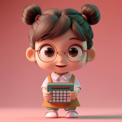 A cute cartoon baby accountant with glasses and a calculator in her hand. She is smiling and looking at the camera. 3d render style, children cartoon animation style