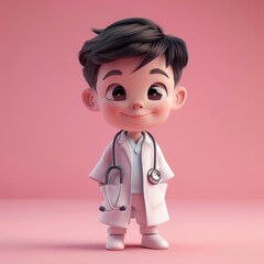 A cute cartoon doctor is wearing a white lab coat and holding a stethoscope. He is smiling and he is happy. 3d render style, children cartoon animation style