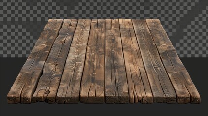 Realistic 3D modern illustration of a wooden tabletop interior design element, a wooden desk surface, a wooden kitchen counter top made of brown timber board isolated on a transparent background.