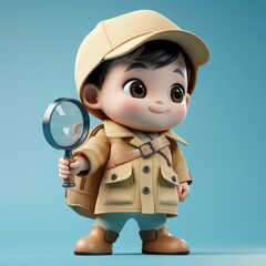 A cute cartoon baby detective boy holding a magnifying glass and wearing a hat. The child is dressed in a detective outfit and he is on a mission. 3d render style, children cartoon animation style