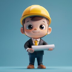 A cute cartoon baby civil engineer a yellow hard hat and a suit holding a blueprint. The character is smiling and he is happy. 3d render style, children cartoon animation style