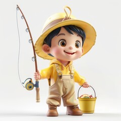 A cute cartoon fishing boy is holding a fishing rod and a bucket. He is wearing a yellow hat and yellow overalls. 3d render style, children cartoon animation style