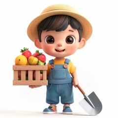 A  cute cartoon farmer boy is holding a basket of fruit and a shovel. The boy is smiling and he is happy. 3d render style, children cartoon animation style
