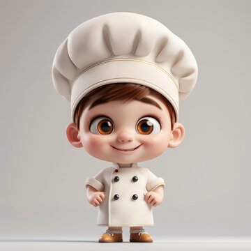A cute cartoon chef boy wearing a chef's hat and a white apron. The child is smiling and he is happy. 3d render style, children cartoon animation style
