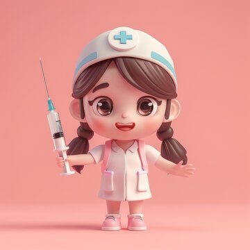 A cute cartoon nurse is holding a syringe and smiling. She is a nurse and is holding a vaccine. 3d render style, children cartoon animation style