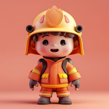 A cute cartoon firefighter boy wearing a yellow fireman's hat and a red fireman's uniform. The boy is smiling and he is happy. 3d render style, children cartoon animation style