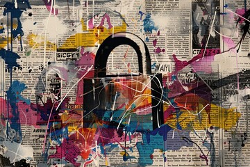 A symbolic street art piece: a detailed padlock constructed from collaged newspaper headlines and magazine cutouts, representing data protection in the digital age.