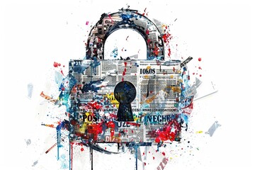 A symbolic street art piece: a detailed padlock constructed from collaged newspaper headlines and magazine cutouts, representing data protection in the digital age. - obrazy, fototapety, plakaty