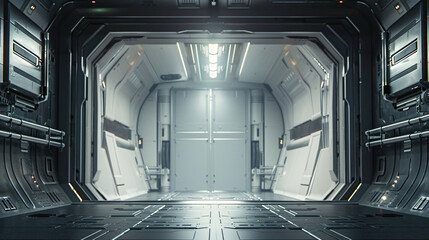 Open the door of the spaceship with white bright light, future technology 3D rendering stage background