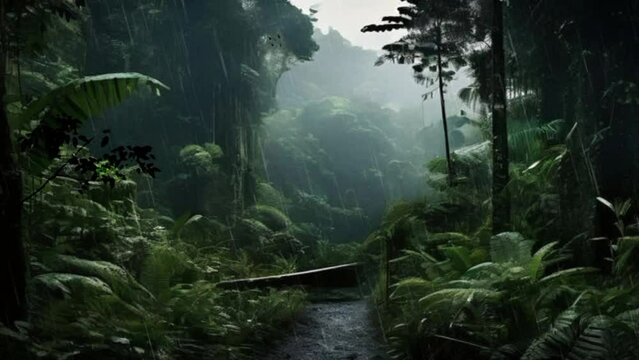 In a rainforest landscape, large, lush trees provide a charming canopy layer, while epiphytes and lianas beautify the trees. seamless looping time lapse animation video background