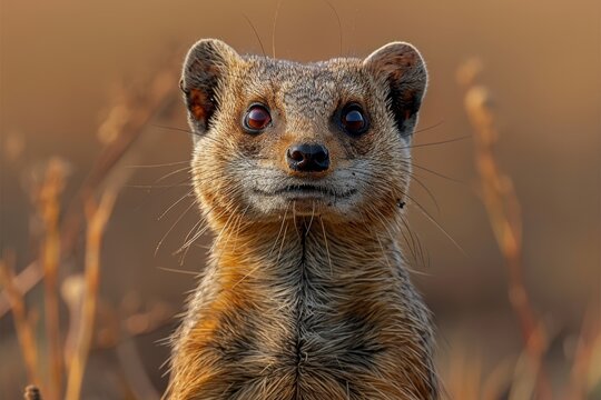 Curious mongoose stands upright in a golden field during sunset, exploring its surroundings and displaying its unique features