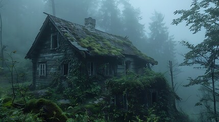 An abandoned wooden cabin in a misty forest, with moss and vines covering its walls