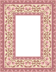 Oriental floral ornament. Pink and beige design for frame, card, border. Vector pattern with place for your text, photo or mirror.