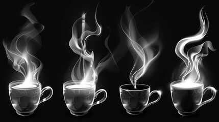 Detailed white cigarette smoke trail, hot dish haze, coffee cup steam, realistic white cigarette, and hookah smokies on black background. Modern illustration.