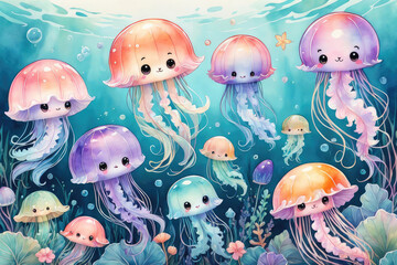 Cute kawaii characters jellyfish, cartoon character in watercolor style.