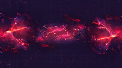 A bolt of lightning strikes a lightning rod, produces a red impact, cracks, magical energy flash during a night storm, isolated on a transparent background, a realistic 3d modern bolts set. - obrazy, fototapety, plakaty