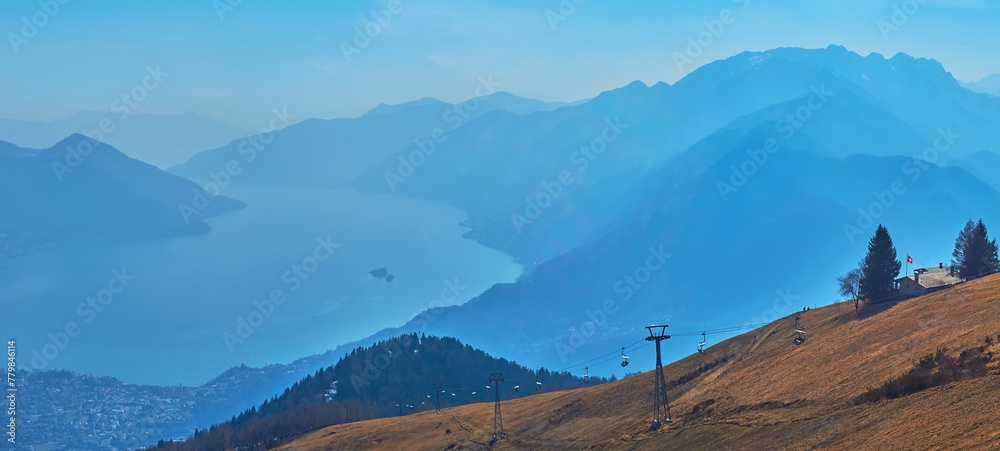 Canvas Prints Lake Maggiore in the evening fog from Cardada Cimetta Mount, Ticino, Switzerland