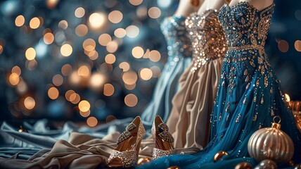Fashion-Themed Background with Elegant Evening Dresses and Accessories

