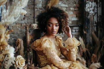 Elegant Woman in Vintage Gold Dress Posing with Rustic Charm