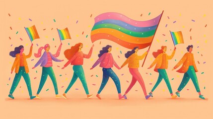 People are holding a rainbow flag and celebrating Pride Month. Flat style