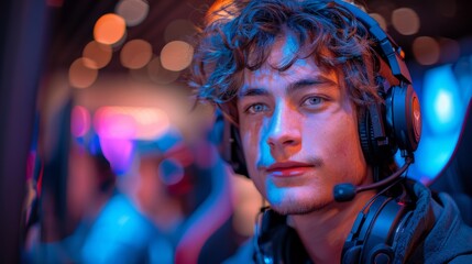 Young gamer focused on the screen at an esports event with colorful lights in the background