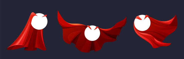 Flowing Scarlet Cloaks Billow Behind The Circular White Blank Frame. Crimson Super Hero Cape, Symbolizing Courage - 779846582