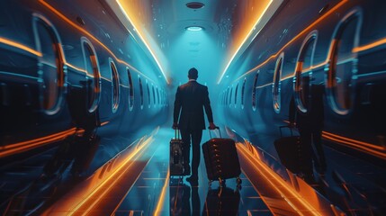 Futuristic Traveler with Luggage in Neon-Lit Aircraft Aisle