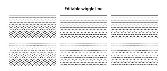 Editable wiggle lines. Set of wavy curves and zigzag intersecting horizontal strokes. Transition from a straight line to a wavy one. Geometric design elements for your projects. Vector illustration - obrazy, fototapety, plakaty