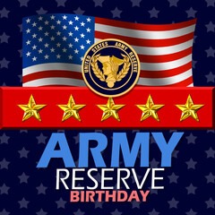 Army Reserve Birthday event banner. A patriot emblem with the American flag, gold stars and bold text to commemorate on April 23rd