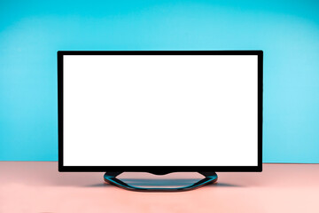 TV 4K flat screen lcd or oled, White blank HD monitor mockup,  television with cutout screen on colorful wall background.