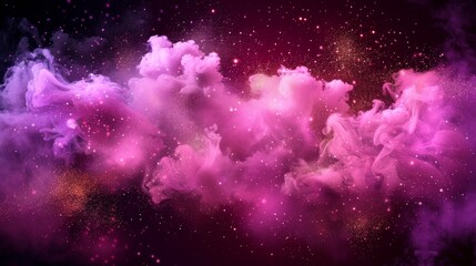 Abstract smoke background with stars on transparent background. Modern illustration of dark night sky with pink and purple mist clouds, shimmers, and glitter dust texture.