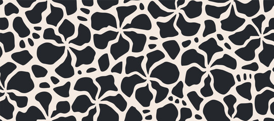 Hand drawn minimal abstract flowers. Seamless patterns with organic shapes black and white color for fabric, textiles, clothing, wallpaper, cover, banner, home decor, florals backgrounds.
