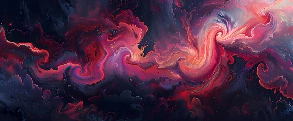 Fotobehang Radiant coral mist swirling in a symphony of colors against a backdrop of midnight black. © LOVE ALLAH LOVE