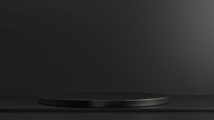 A sleek, black steel podium set against a flat, uniform black steel background. This minimalist and clean design is perfect for showcasing products, featuring a simple round stage 
