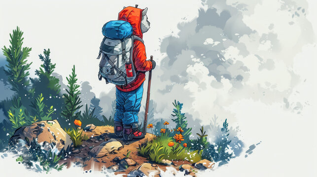   A person, depicted on a hill, holds a backpack, one strap slung over each shoulder