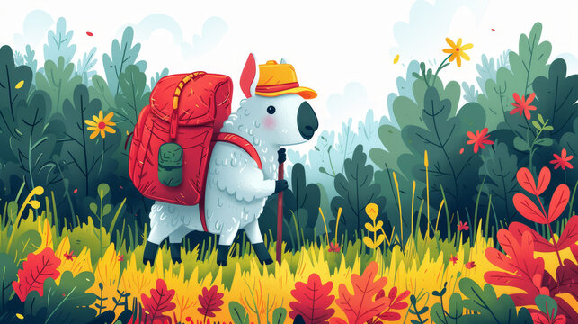  A cartoon of a llama wearing a backpack in the midst of a red and yellow wildflower field