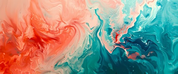 Radiant coral meets oceanic teal in a dynamic collision of abstract color and fluidity. - obrazy, fototapety, plakaty