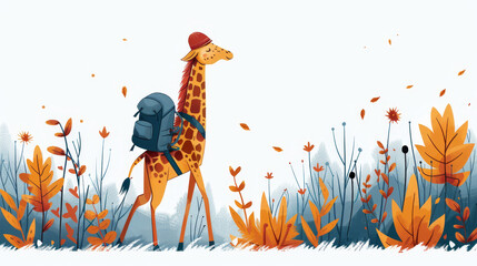   A giraffe wearing a backpack roams a field, surrounded by tall grass and vibrant flowers - obrazy, fototapety, plakaty